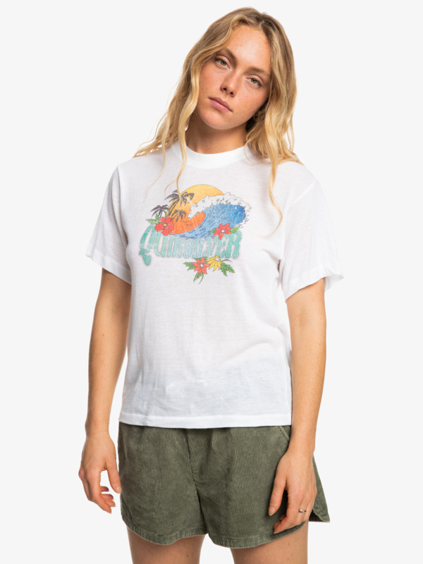 Produit Femme 1 - T-shirt blanc illustration vague, coucher de soleil,fleurs, palmier dans un rond