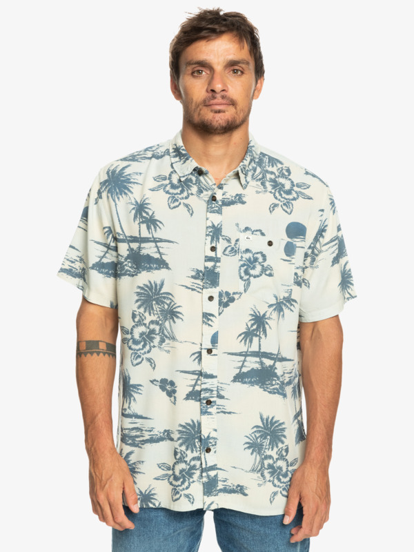Produit Homme 5 - Chemise beige motif bleu palmiers fleurs